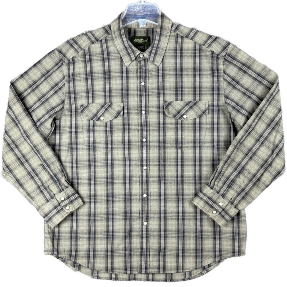 Eddie Bauer Men's Large Green Plaid Flannel Shirt Western Pearl Snap Long Sleeve